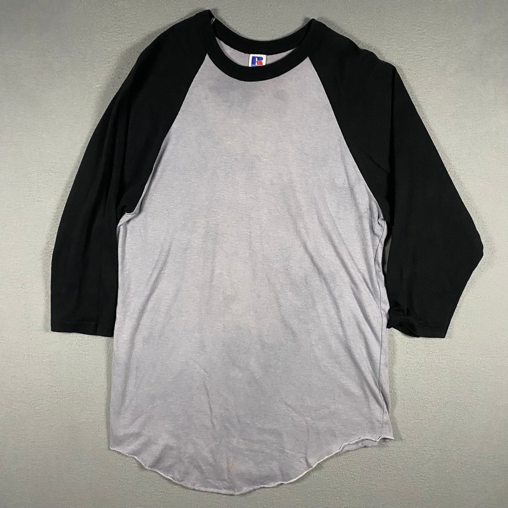 Vintage Russell Athletic Baseball Tee Mens L Grey Black 90s Raglan Made USA